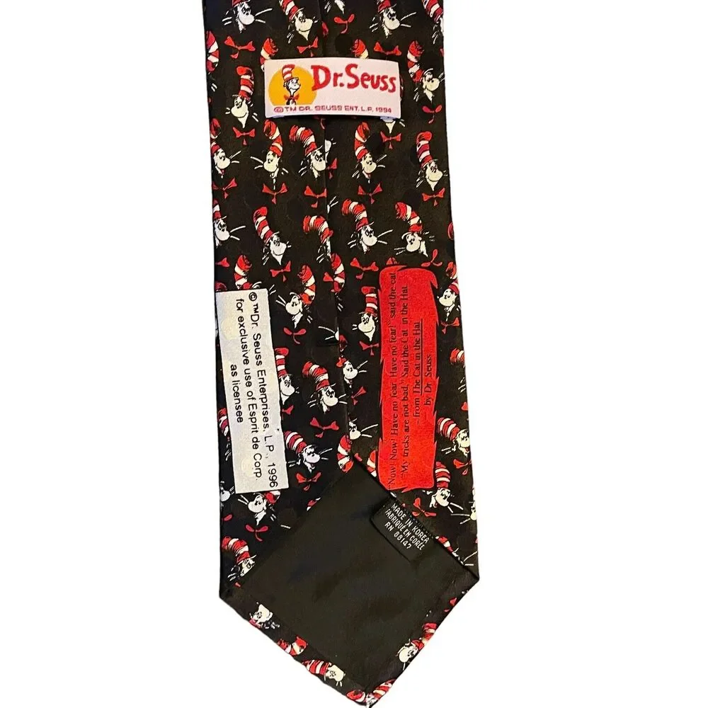 DR SEUSS Cat in the Hat Mens Vintage 100% Silk Neck Tie Black Cartoon Novelty